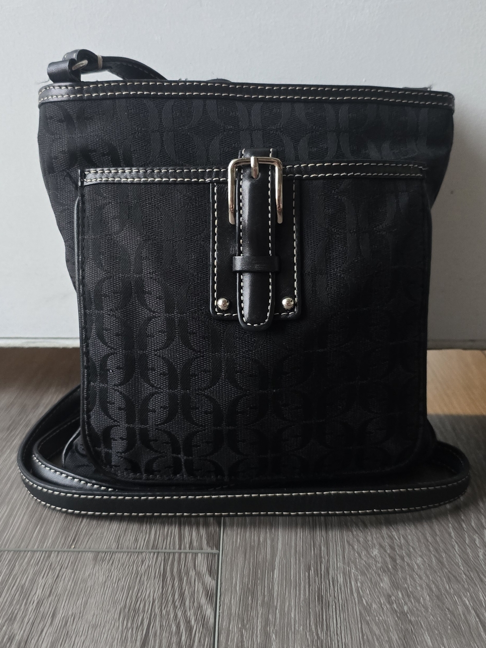 Fossil Crossbody Bag Black Monogram Jacquard Silver Buckle Zip Everyday Purse